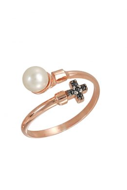 Δαχτυλίδι Ροζ Χρυσό Με Μαργαριτάρι Και Σταυρό Με Μαύρα Ζιργκόν