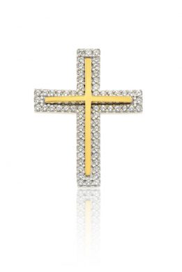 Σταυρός Facad'oro Γυναικείος Δίχρωμος Λευκός και Κίτρινος Χρυσός Με Ζιργκόν