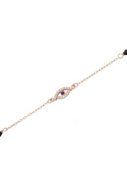 Γυναικείο Ροζ Χρυσό Βραχιόλι Mάτι Με Μαύρες Πέτρες Στο Πλάι