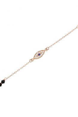 Γυναικείο Ροζ Χρυσό Βραχιόλι Mάτι Με Μαύρες Πέτρες Στο Πλάι