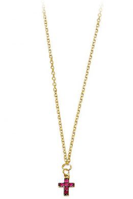 Χρυσό Μενταγιόν Με Σταυρό Και Ροζ Ζιργκόν