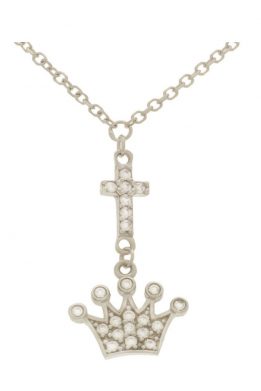 Λευκόχρυσο Μενταγιόν Κορώνα Με Σταυρό Και Λευκά Ζιργκόν