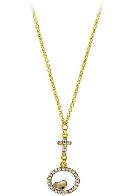 Χρυσό Μενταγιόν Καρδιά Με Σταυρό Και Λευκά Ζιργκόν