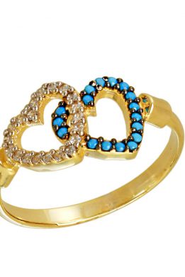 Δαχτυλίδι Χρυσό Με Καρδιές Και Λευκά Και Γαλάζια Ζιργκόν