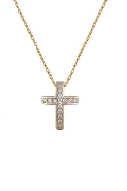 Χρυσό Κολιέ 14Κ Με Χρυσό Σταυρό Από Άσπρες Πέτρες Ζιργκόν