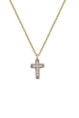 Χρυσό Κολιέ 14Κ Με Μικρό Χρυσό Σταυρό Από Άσπρες Πέτρες Ζιργκόν Σε Μοντέρνο Σχέδιο