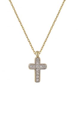 Χρυσό Κολιέ 14Κ Με Μικρό Χρυσό Σταυρό Από Άσπρες Πέτρες Ζιργκόν Σε Μοντέρνο Σχέδιο