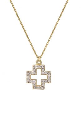 Χρυσό Κολιέ 14Κ Με Χρυσό Σταυρό Από Άσπρες Πέτρες Ζιργκόν Σε Τετράγωνο Μοντέρνο Σχέδιο