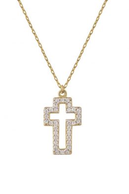 Χρυσό Κολιέ 14Κ Με Χρυσό Σταυρό Από Άσπρες Πέτρες Ζιργκόν Σε Τετράγωνο Μοντέρνο Σχέδιο