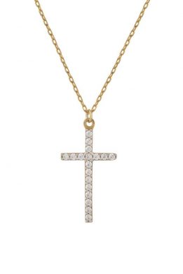 Χρυσό Κολιέ 14Κ Με Μικρό Χρυσό Σταυρό Από Άσπρες Πέτρες Ζιργκόν Σε Μοντέρνο Σχέδιο