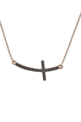 Ροζ Χρυσό Κολιέ 14Κ Με Πλαγιαστό Σταυρό Από Μαύρες Πέτρες Ζιργκόν Σε Μοντέρνο Σχέδιο