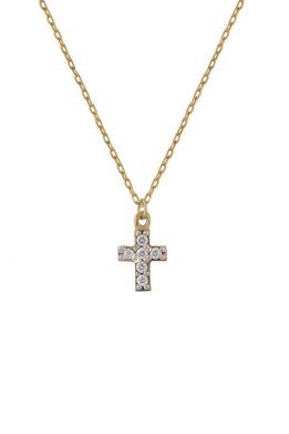Χρυσό Κολιέ 14Κ Με Μικρό Χρυσό Σταυρό Από Άσπρες Πέτρες Ζιργκόν Σε Μοντέρνο Σχέδιο