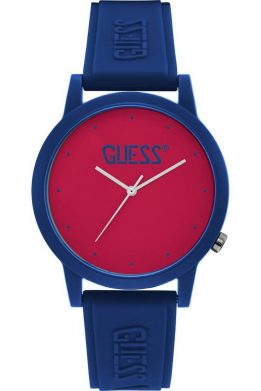 Γυναικείο ρολόι Guess Με Κόκκινο Καντράν Και Μπλε Καουτσούκ Λουράκι