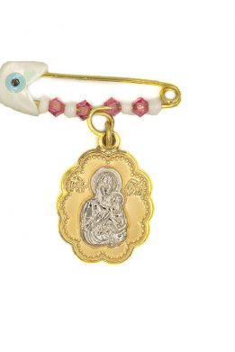 Χρυσό Μενταγιόν Κωνσταντινάτο Με Ματάκι Και Ροζ Πέτρες Με Παναγία