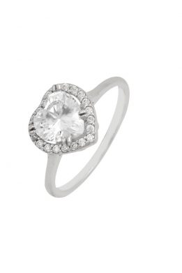 Λευκόχρυσο Δαχτυλίδι Ροζέτα Με Άσπρη Πέτρα Σε Σχήμα Καρδιάς Και Ζιργκόν