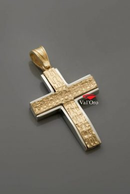 Ανδρικός Σταυρός Val'Oro Χρυσός Δίχρωμος με Ματ Σκαλιστό και Λουστρέ Γωνίες