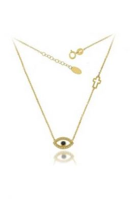 Χρυσό Κολιέ 9Κ Με Οβάλ Χρυσό Σταυρό Και Οβάλ Μαύρο Ματάκι Με Πέτρες Ζιργκόν