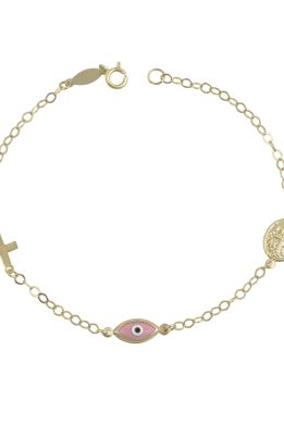 Χρυσό Βραχιολάκι Παιδικό Με Ματάκι ,Σταυρό Και Κωνσταντινάτο ΒΠ-101