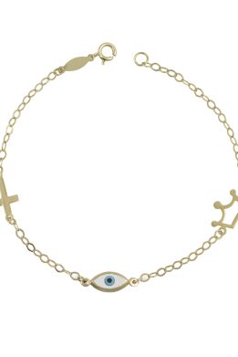 Χρυσό Βραχιολάκι Παιδικό Με Ματάκι ,Σταυρό Και Κορώνα ΒΠ-104