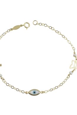 Χρυσό Βραχιολάκι Παιδικό με Ματάκι, Σταυρό, Πεταλούδα Και Πέρλες ΒΠ-141