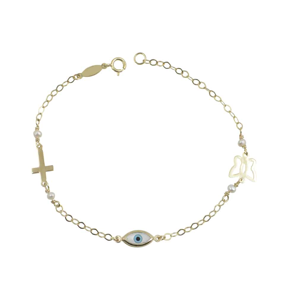 Χρυσό Βραχιολάκι Παιδικό με Ματάκι, Σταυρό, Πεταλούδα Και Πέρλες ΒΠ-141