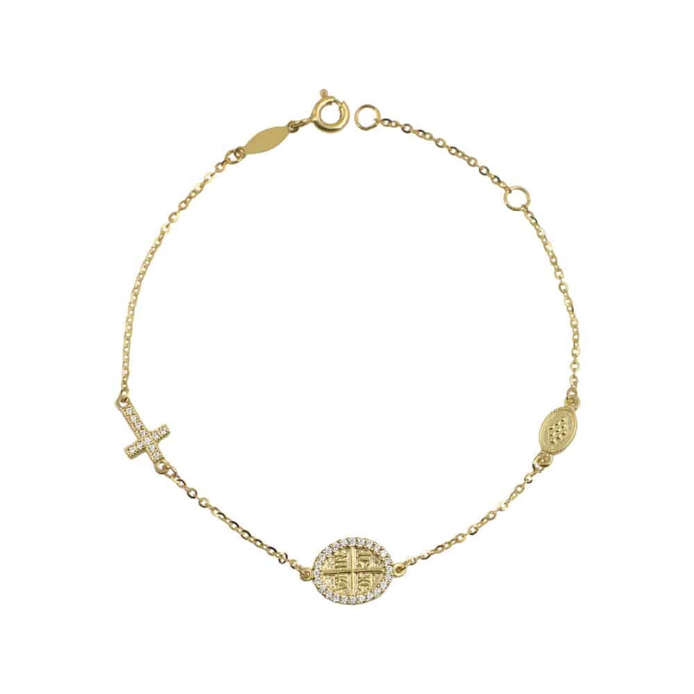 Χρυσό Βραχιολάκι Παιδικό με Κωνσταντινάτο Και Σταυρό Με Πέτρες Ζιργκόν ΚΝΒ-050