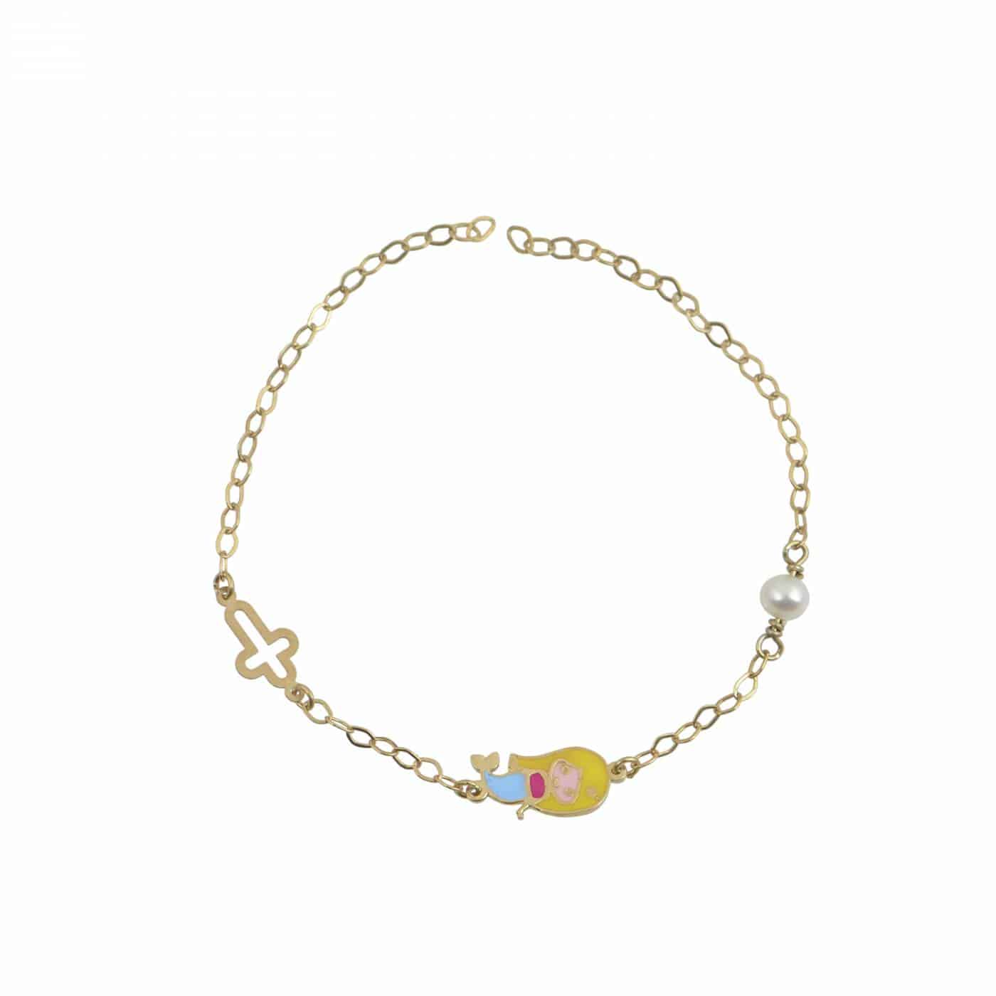 Χρυσό Βραχιολάκι Παιδικό Με Σταυρό ,Γοργόνα Και Πέτρα Ζιργκόν 4517