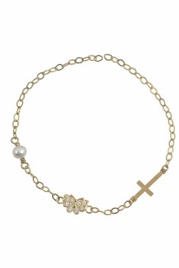 Χρυσό Βραχιολάκι Παιδικό Με Σταυρό ,Πεταλούδα Με Πέτρες Ζιργκόν Και Μαργαριτάρι 4586