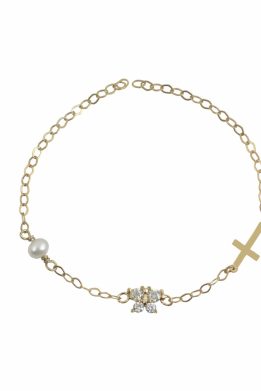 Χρυσό Βραχιολάκι Παιδικό Με Σταυρό ,Πεταλούδα Με Πέτρες Ζιργκόν Και Μαργαριτάρι 4588
