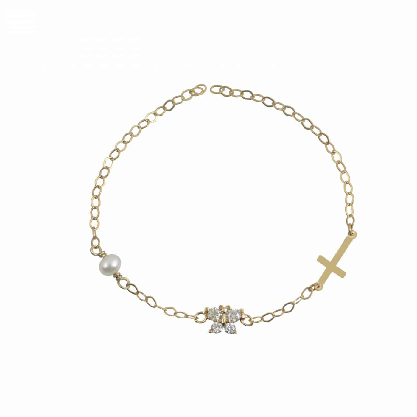 Χρυσό Βραχιολάκι Παιδικό Με Σταυρό ,Πεταλούδα Με Πέτρες Ζιργκόν Και Μαργαριτάρι 4588