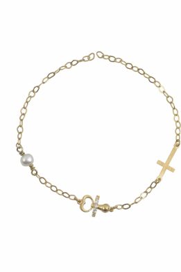 Χρυσό Βραχιολάκι Παιδικό Με Σταυρό ,Πιπίλα Με Πέτρες Ζιργκόν Και Μαργαριτάρι 4596